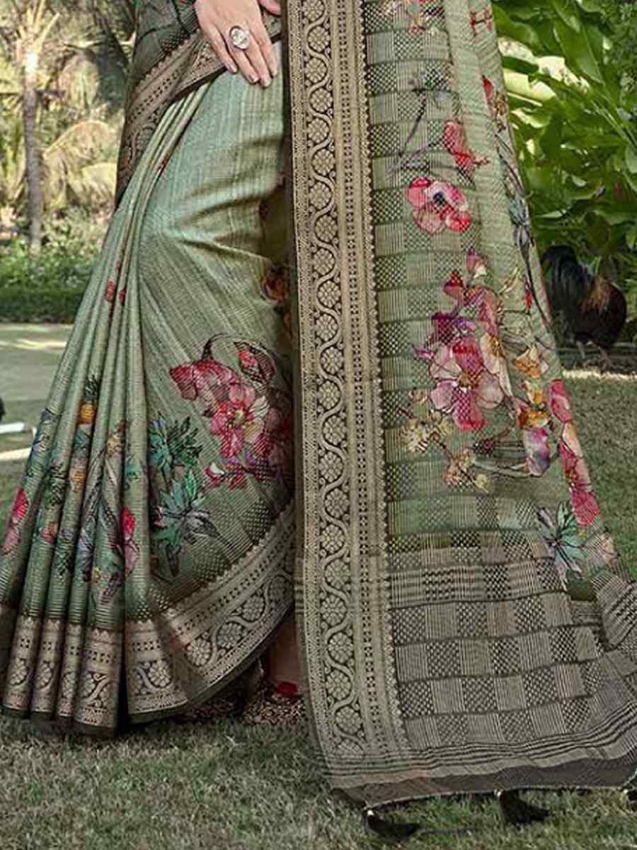 Dark Pista Silk Handwoven Festival Wedding Heavy Border Saree