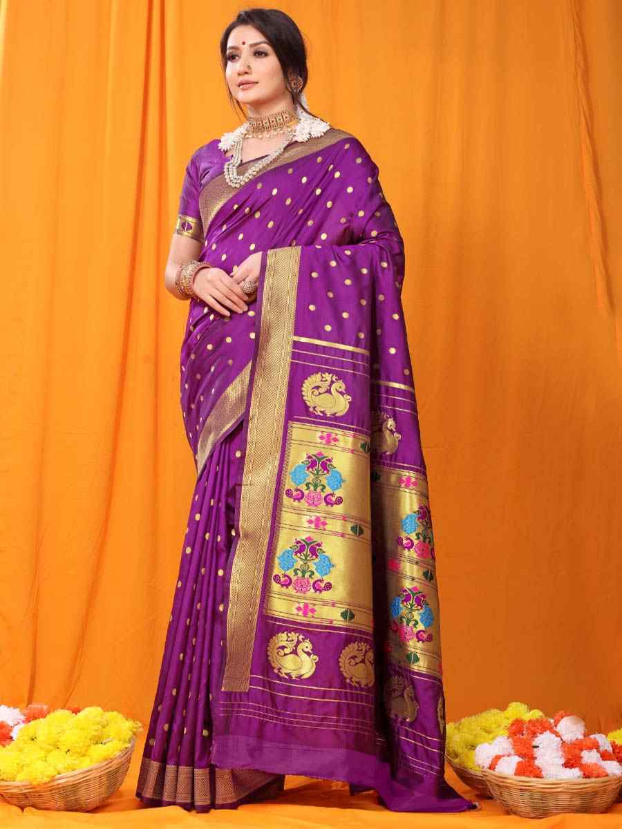 Dark Purple Banarasi Silk Handwoven Wedding Festival Heavy Border Saree