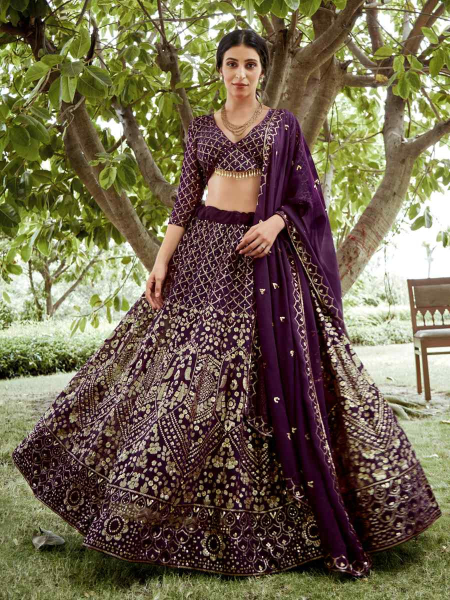 Dark Purple Georgette Embroidered Wedding Party Wear Heavy Border Lehenga Choli