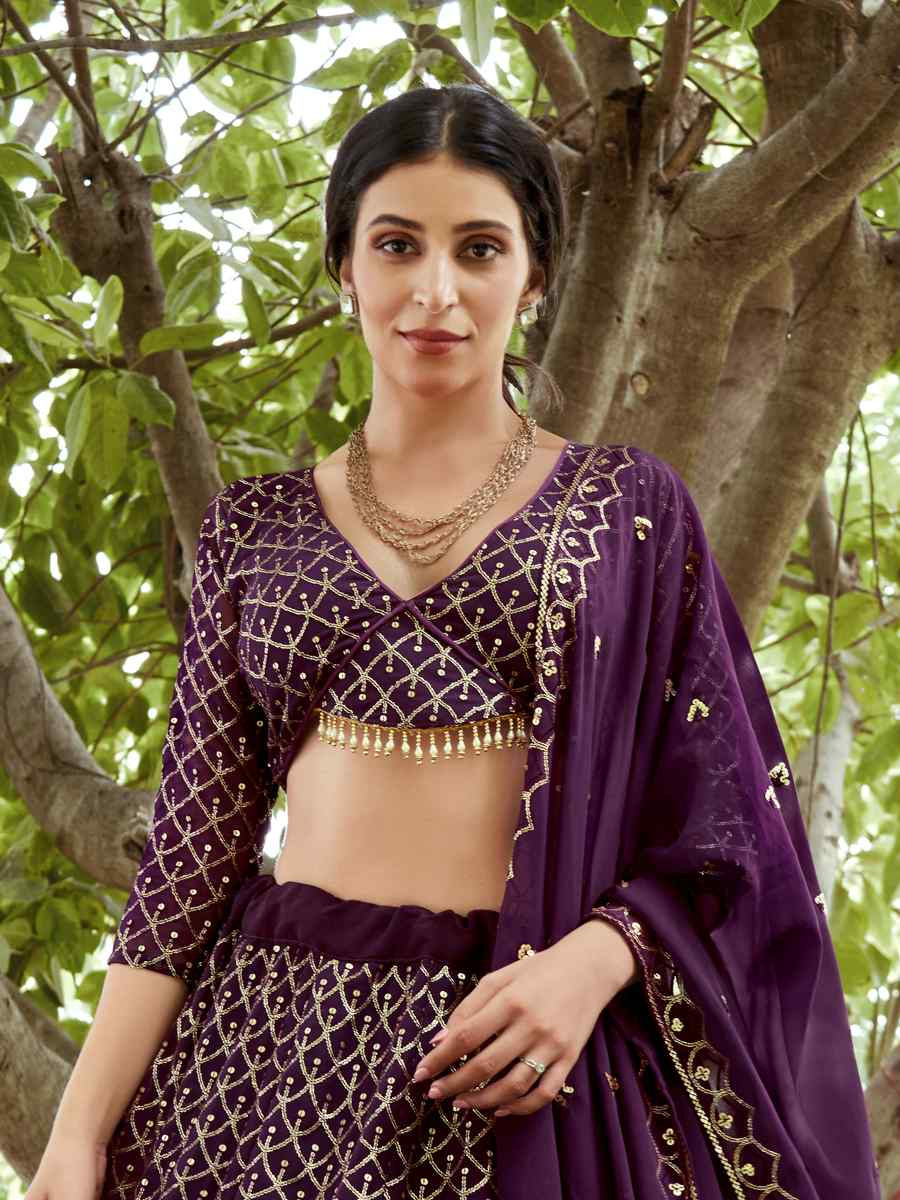 Dark Purple Georgette Embroidered Wedding Party Wear Heavy Border Lehenga Choli