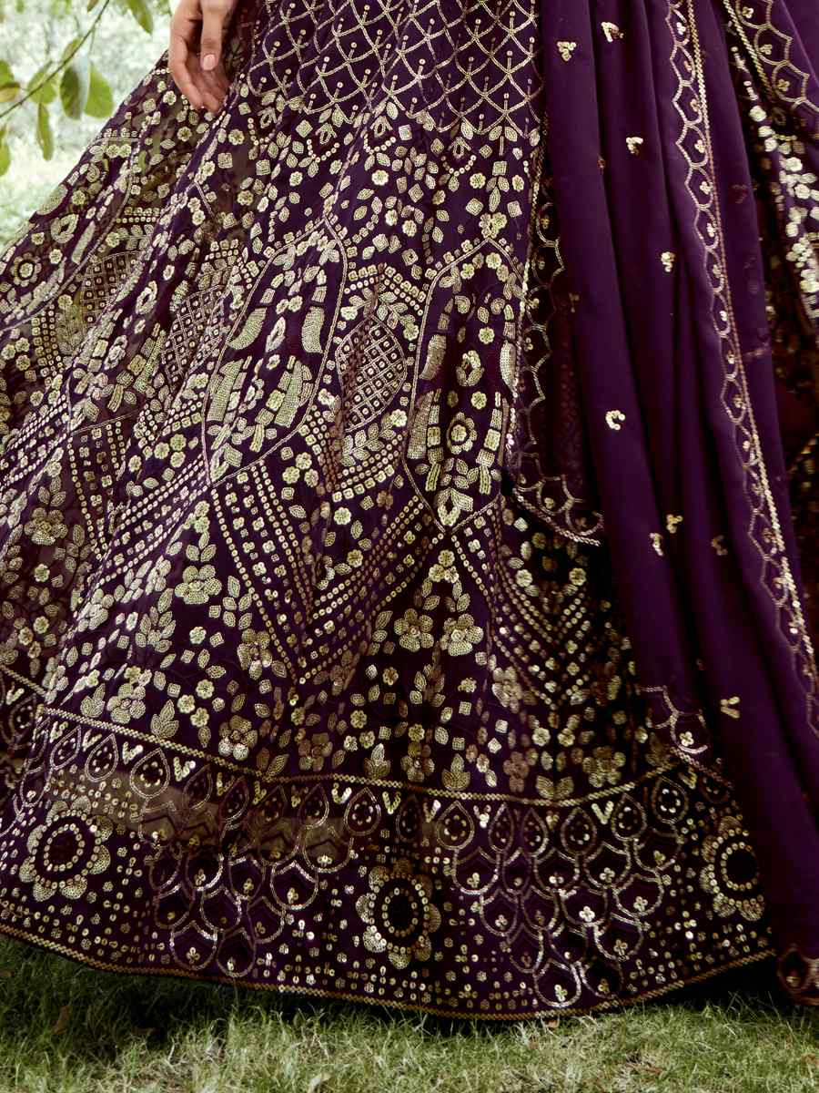 Dark Purple Georgette Embroidered Wedding Party Wear Heavy Border Lehenga Choli