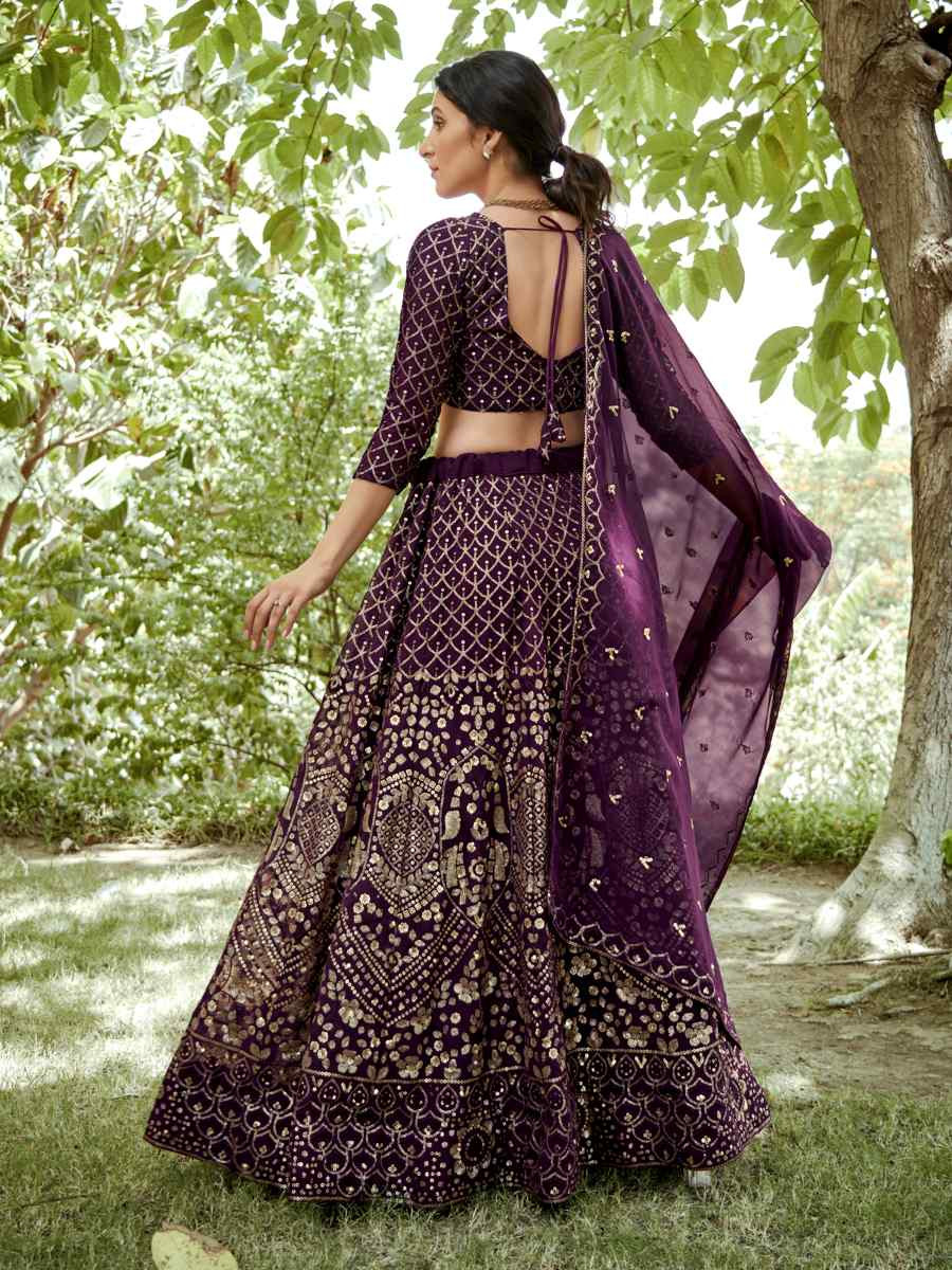 Dark Purple Georgette Embroidered Wedding Party Wear Heavy Border Lehenga Choli