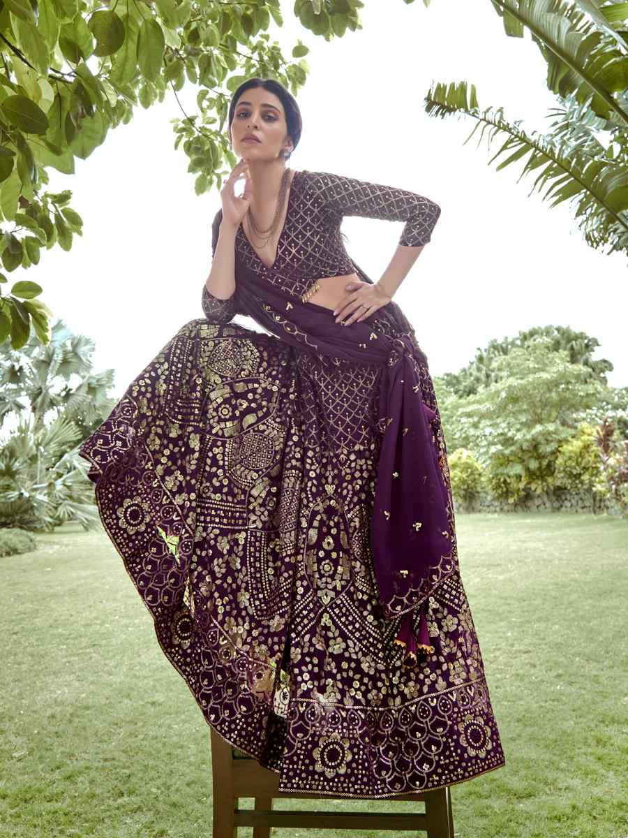 Dark Purple Georgette Embroidered Wedding Party Wear Heavy Border Lehenga Choli