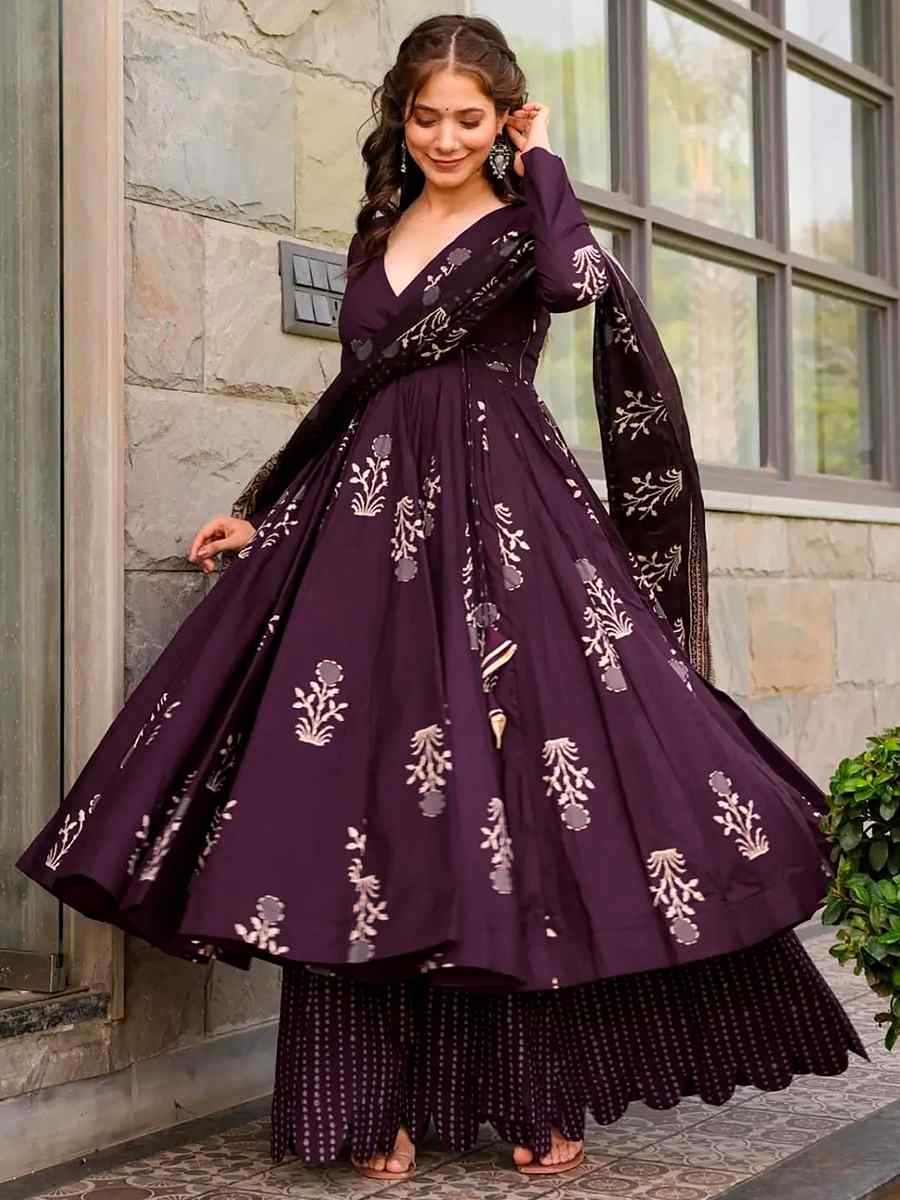 Dark Purple Pure Maslin�Printed Casual Festival Anarkali Salwar Kameez