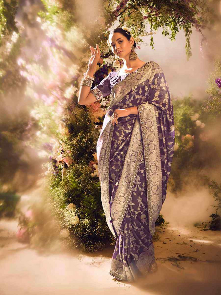 Dark Purple Tissue Silk Embroidered Festival Wedding Heavy Border Saree