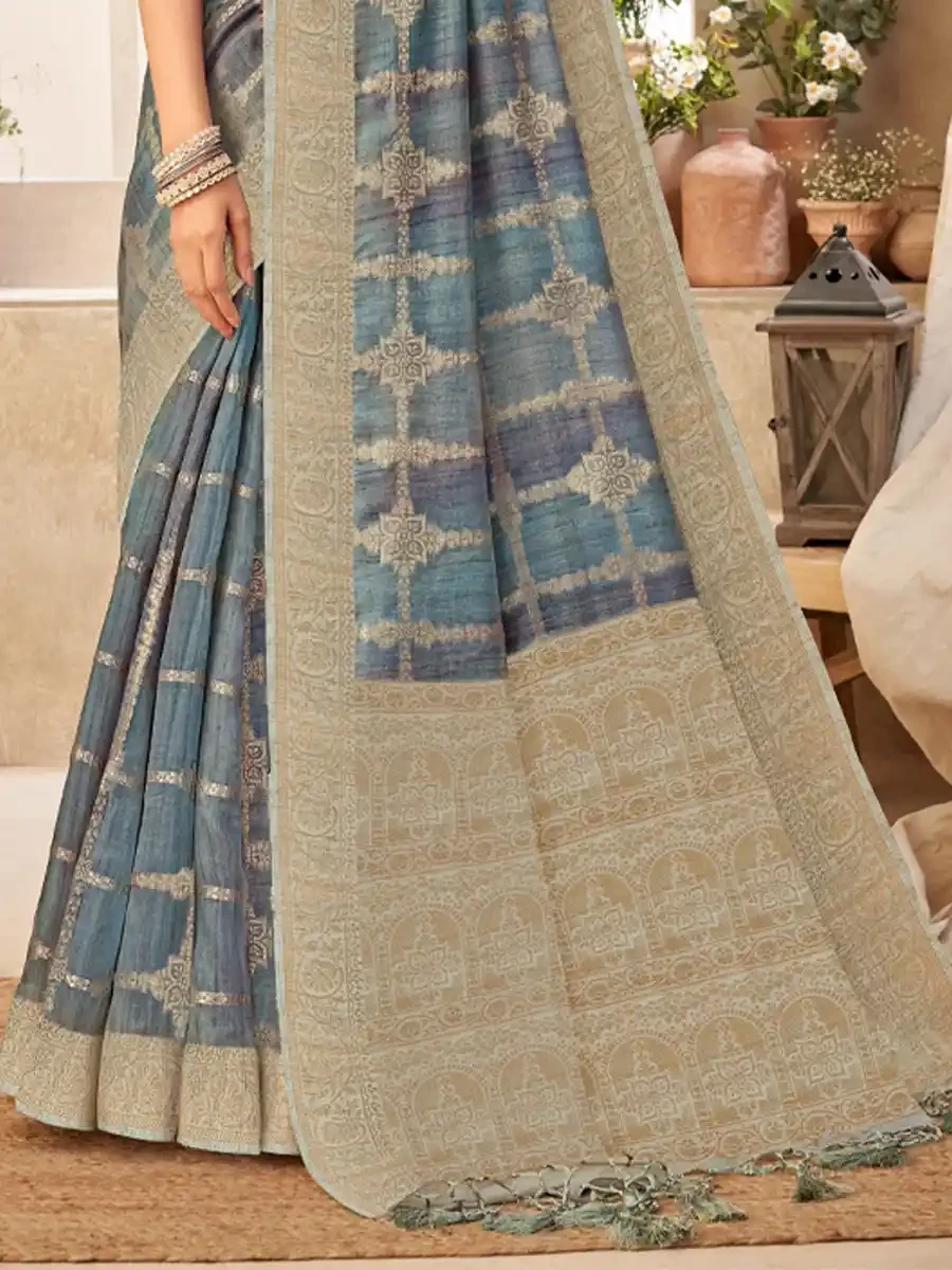 Dark Sky Silk Handwoven Festival Wedding Heavy Border Saree