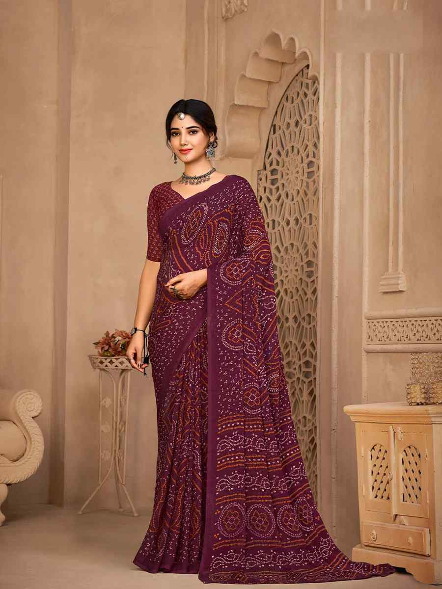 Dark Wine Chiffon Printed Festival Casual Contemporary Saree