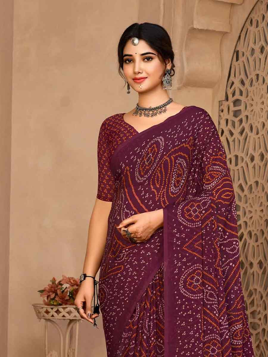 Dark Wine Chiffon Printed Festival Casual Contemporary Saree