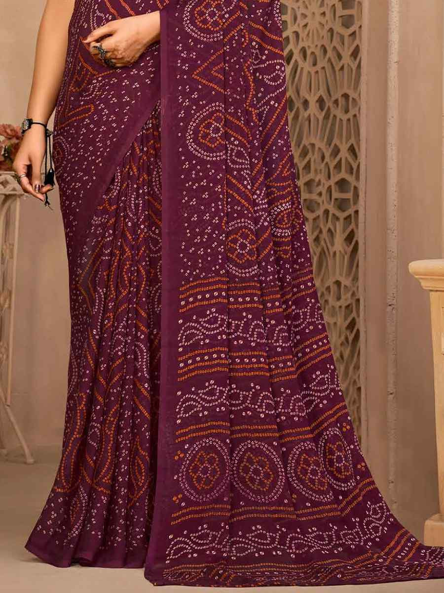 Dark Wine Chiffon Printed Festival Casual Contemporary Saree