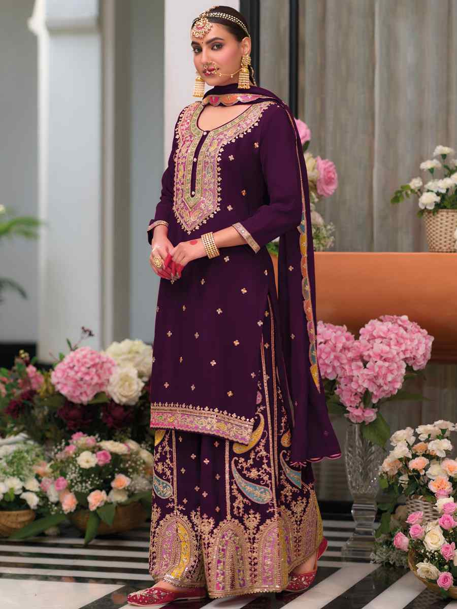 Dark Wine Heavy Chinon Embroidered Festival Wedding Palazzo Pant Salwar Kameez