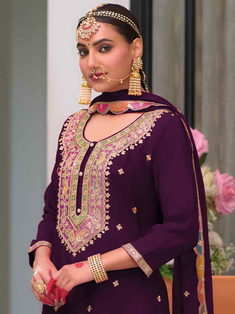 Dark Wine Heavy Chinon Embroidered Festival Wedding Palazzo Pant Salwar Kameez