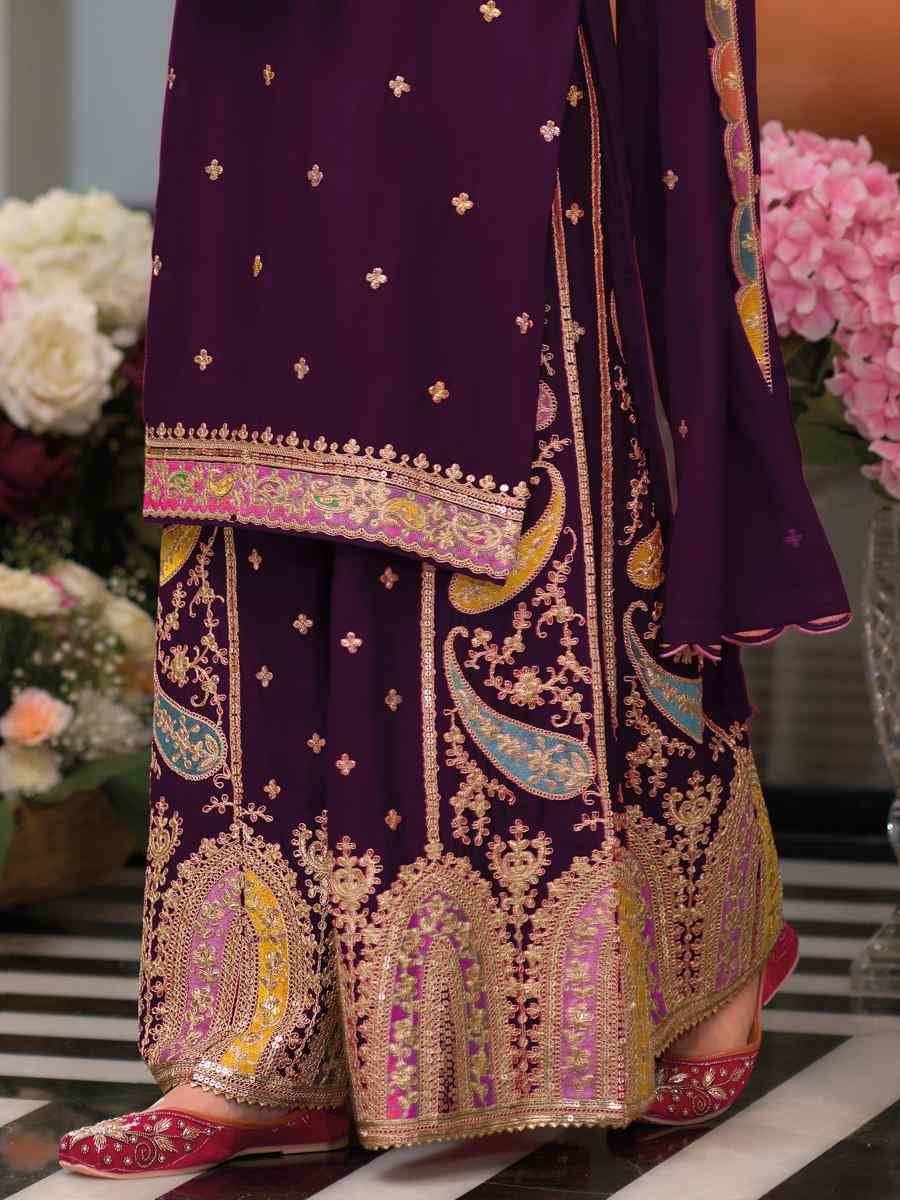 Dark Wine Heavy Chinon Embroidered Festival Wedding Palazzo Pant Salwar Kameez