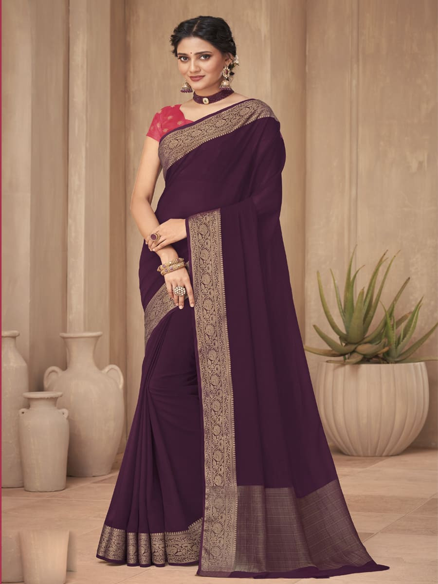 Dark Wine Silk Handwoven Festival Casual Heavy Border Saree