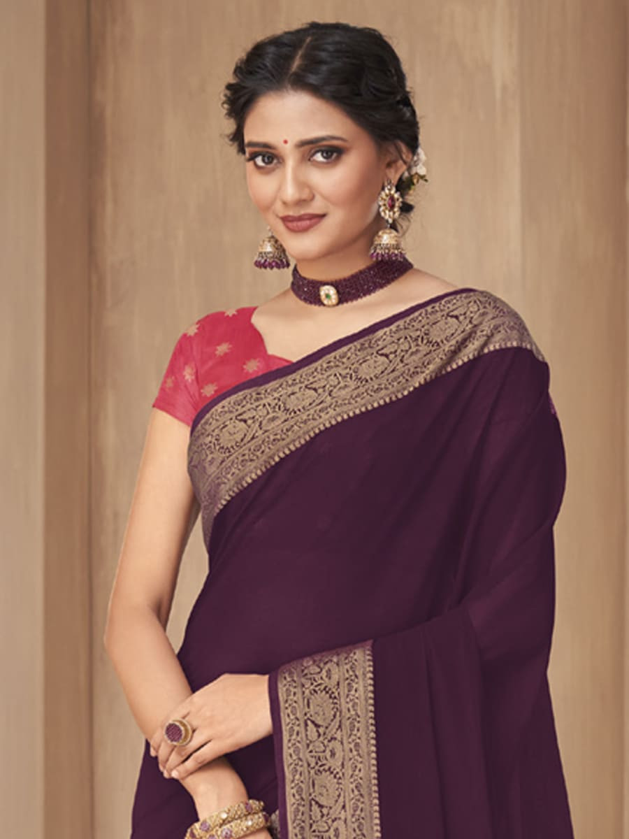 Dark Wine Silk Handwoven Festival Casual Heavy Border Saree