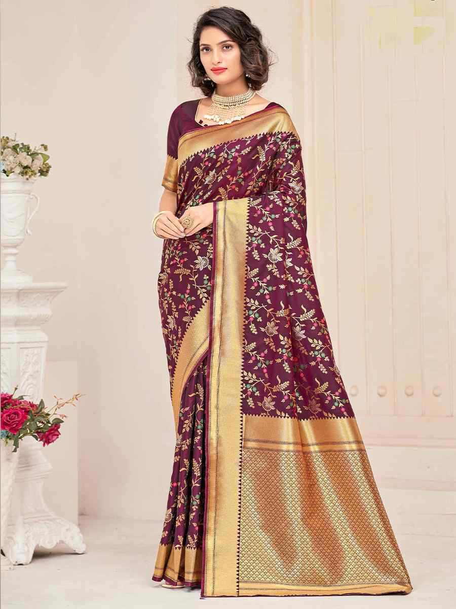 Dark Wine Silk Handwoven Festival Casual Heavy Border Saree