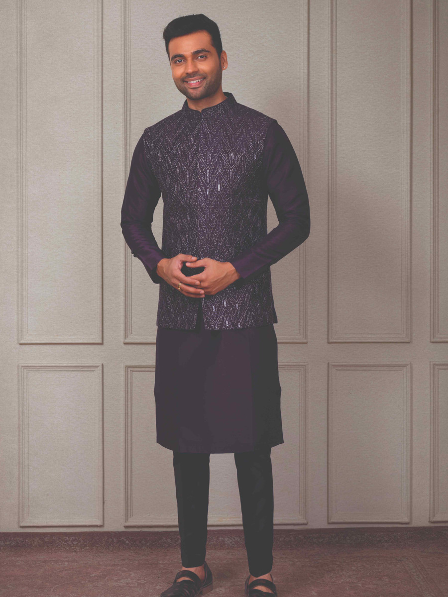 Dark Wine Silk Woven Groom Wedding Kurta