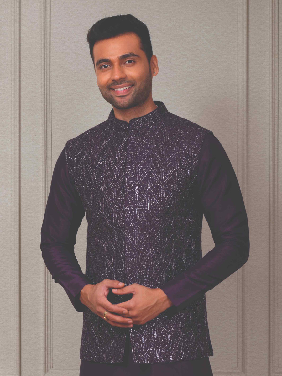 Dark Wine Silk Woven Groom Wedding Kurta