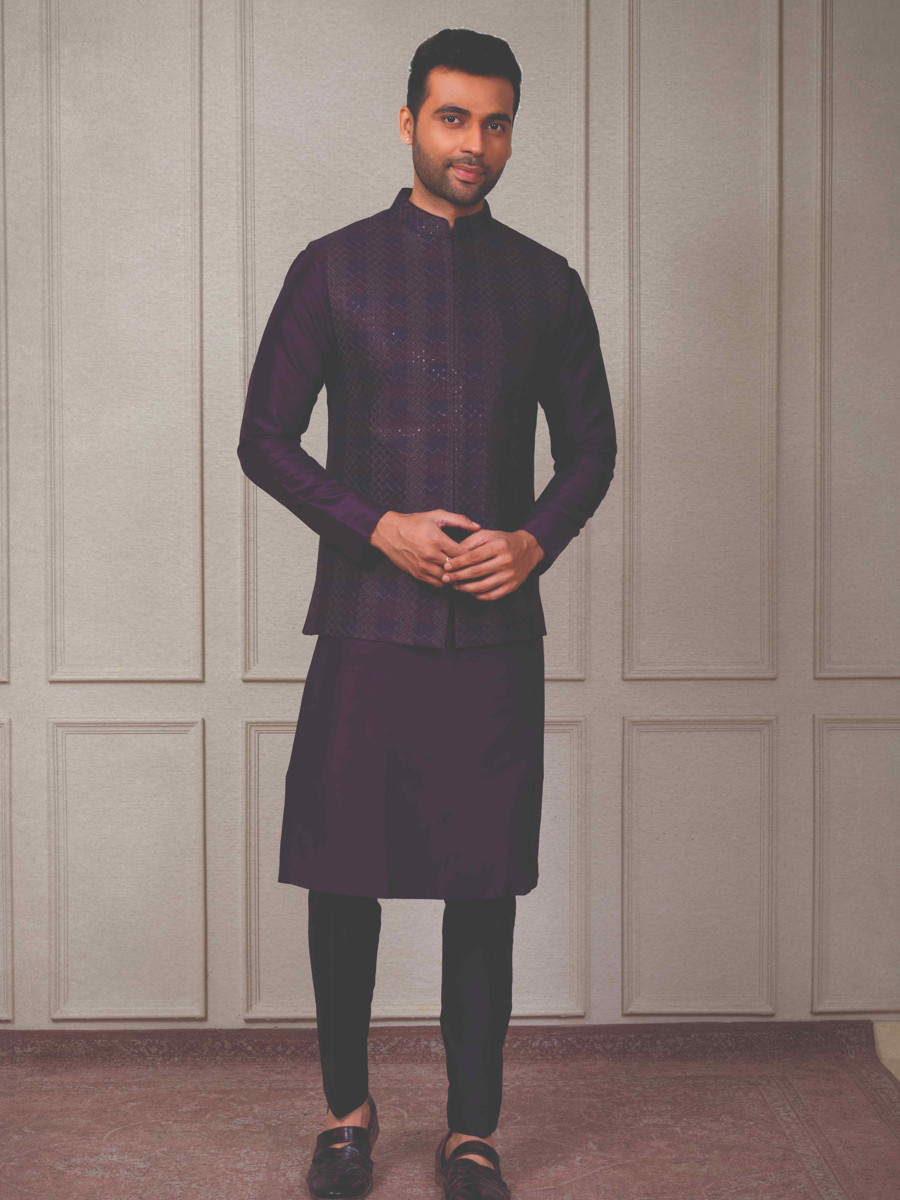 Dark Wine Silk Woven Groom Wedding Kurta