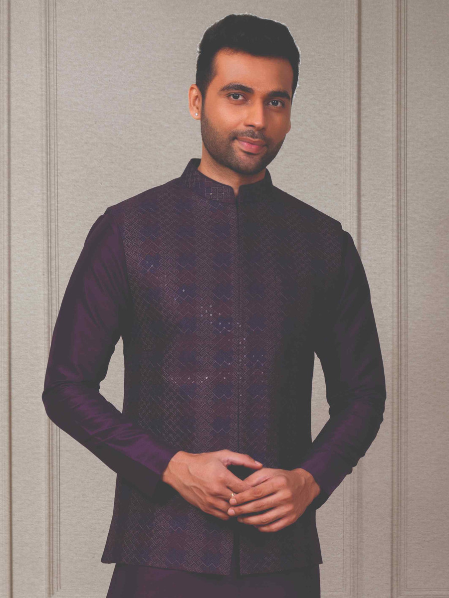 Dark Wine Silk Woven Groom Wedding Kurta