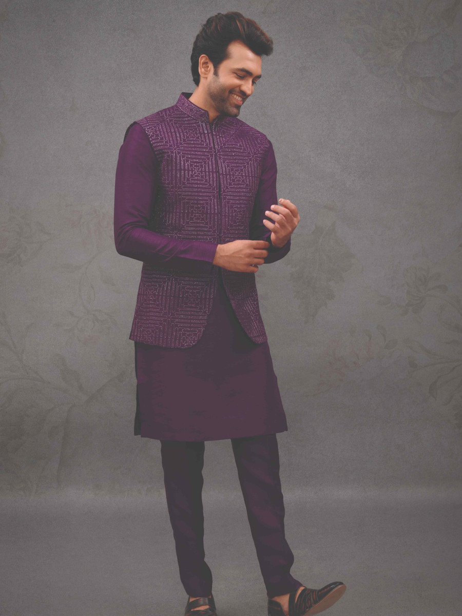 Dark Wine Silk Woven Groom Wedding Kurta