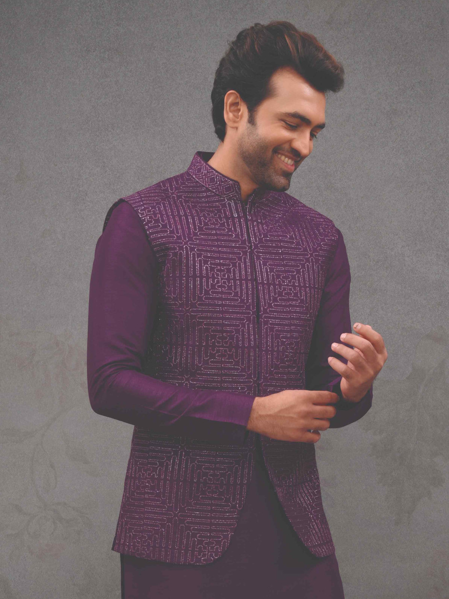 Dark Wine Silk Woven Groom Wedding Kurta