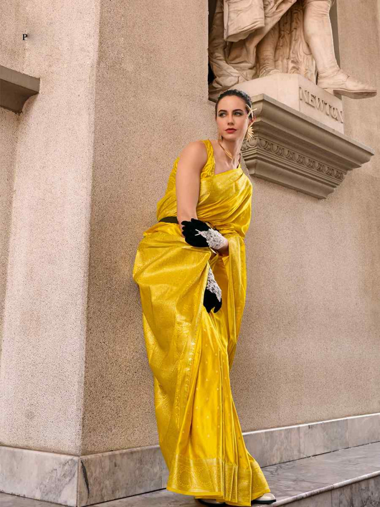 Dark Yellow Satin Silk Handwoven Festival Wedding Heavy Border Saree