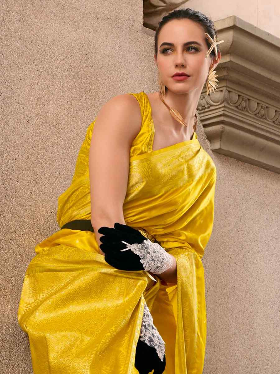 Dark Yellow Satin Silk Handwoven Festival Wedding Heavy Border Saree