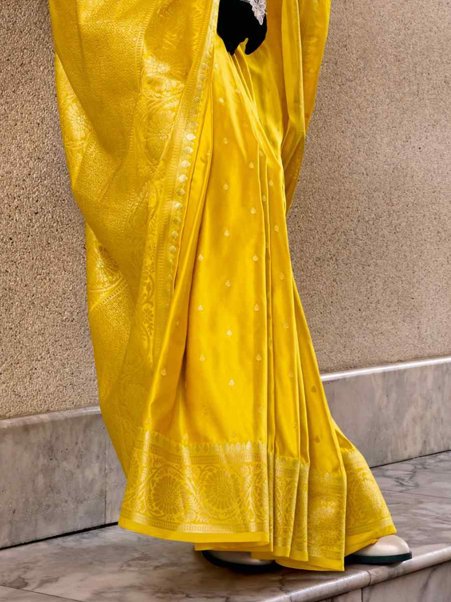 Dark Yellow Satin Silk Handwoven Festival Wedding Heavy Border Saree