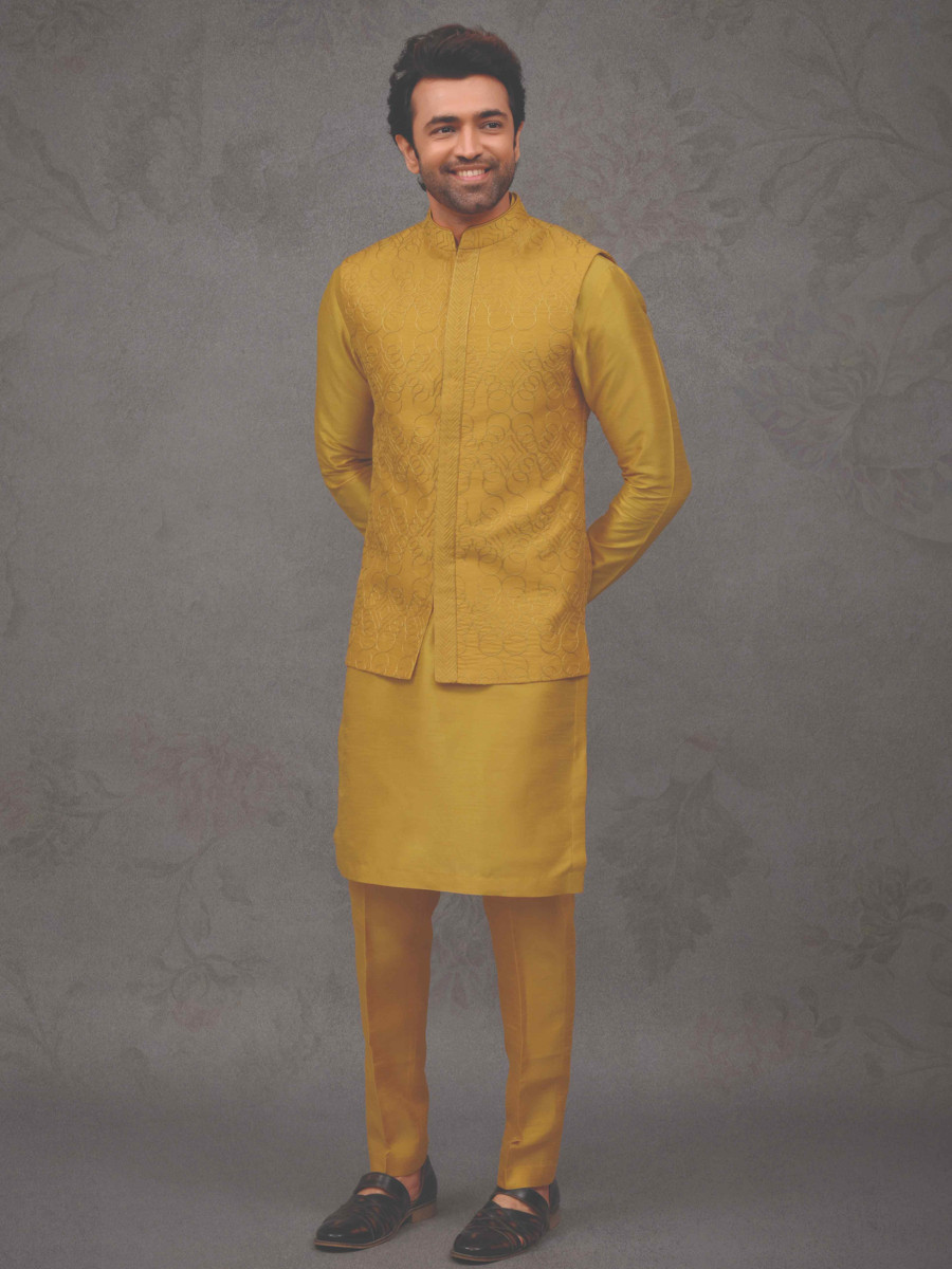 Dark yellow Silk Woven Groom Wedding Kurta