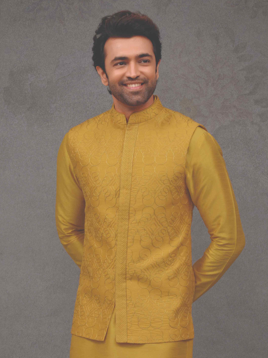 Dark yellow Silk Woven Groom Wedding Kurta