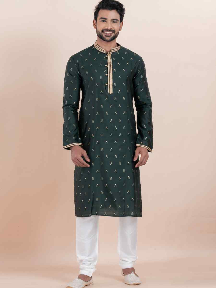 Deep Green Cotton Silk Jacquard Embroidered Festival Wedding Kurta Pyjama Men's Wear