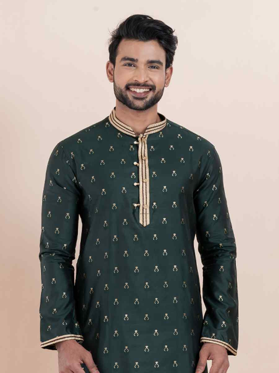 Deep Green Cotton Silk Jacquard Embroidered Festival Wedding Kurta Pyjama Men's Wear