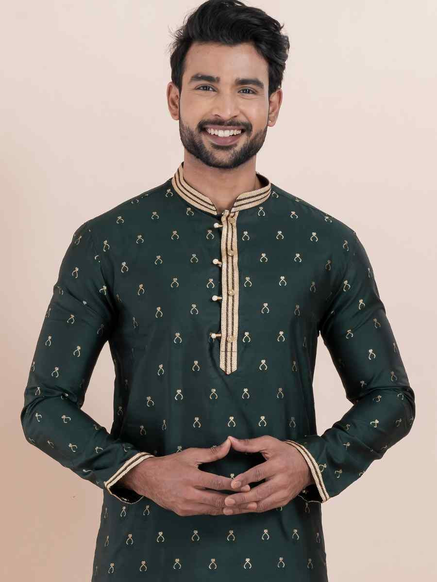 Deep Green Cotton Silk Jacquard Embroidered Festival Wedding Kurta Pyjama Men's Wear