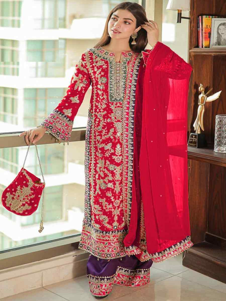 Deep Pink Heavy Chinon Silk Embroidered Festival Wedding Pant Salwar Kameez