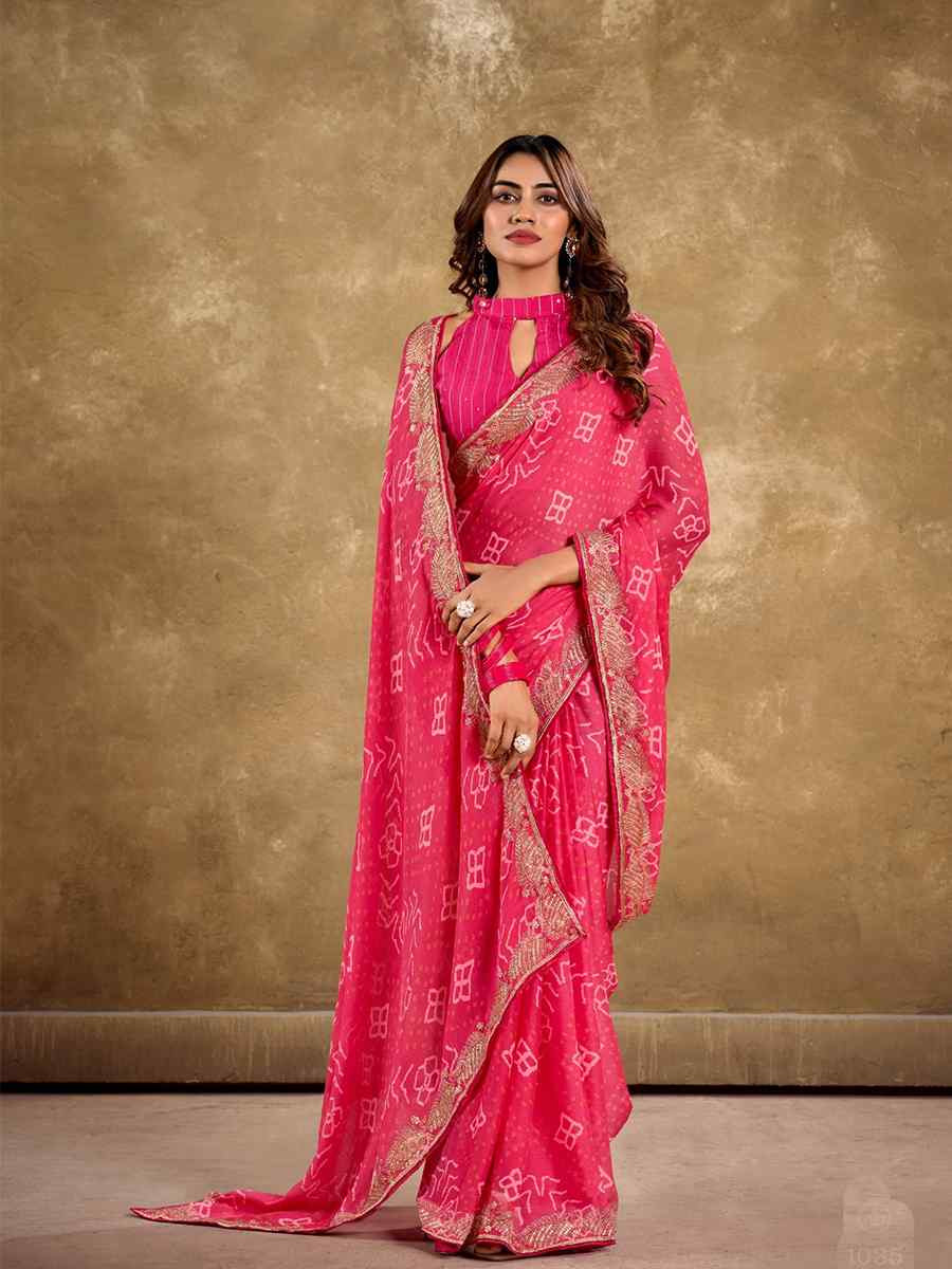 Deep Pink Pure Chiffon Embroidered Festival Wedding Classic Style Saree