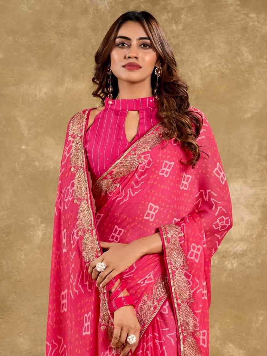 Deep Pink Pure Chiffon Embroidered Festival Wedding Classic Style Saree