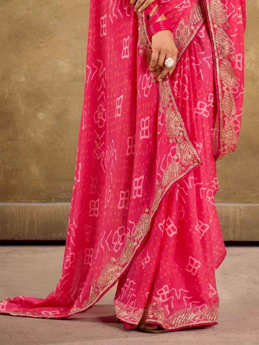 Deep Pink Pure Chiffon Embroidered Festival Wedding Classic Style Saree