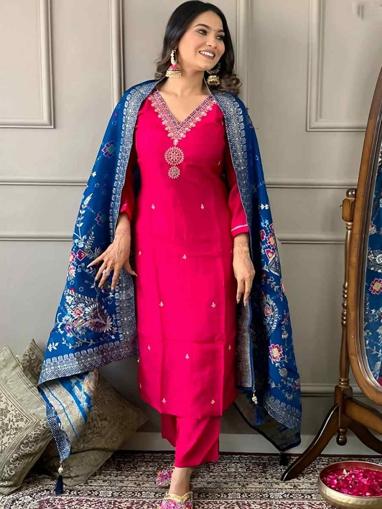 Deep Pink Viscose Chanderi Embroidered Festival Casual Ready Pant Salwar Kameez