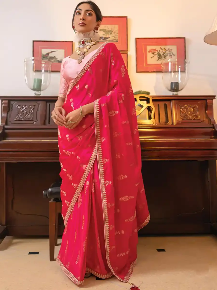 Deep Pink Viscose Satin Silk Embroidered Reception Party Heavy Border Saree