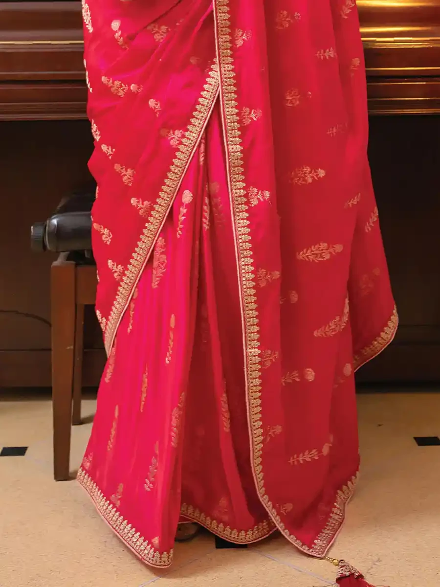 Deep Pink Viscose Satin Silk Embroidered Reception Party Heavy Border Saree