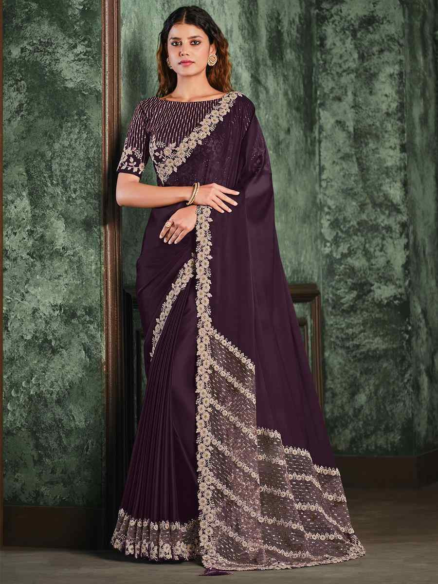 Deep Purple Silk Georgette Embroidered Reception Wedding Heavy Border Saree