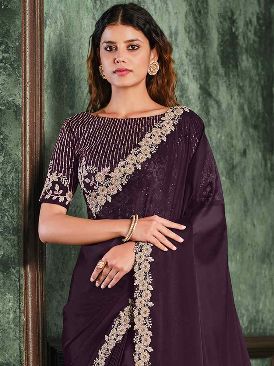 Deep Purple Silk Georgette Embroidered Reception Wedding Heavy Border Saree