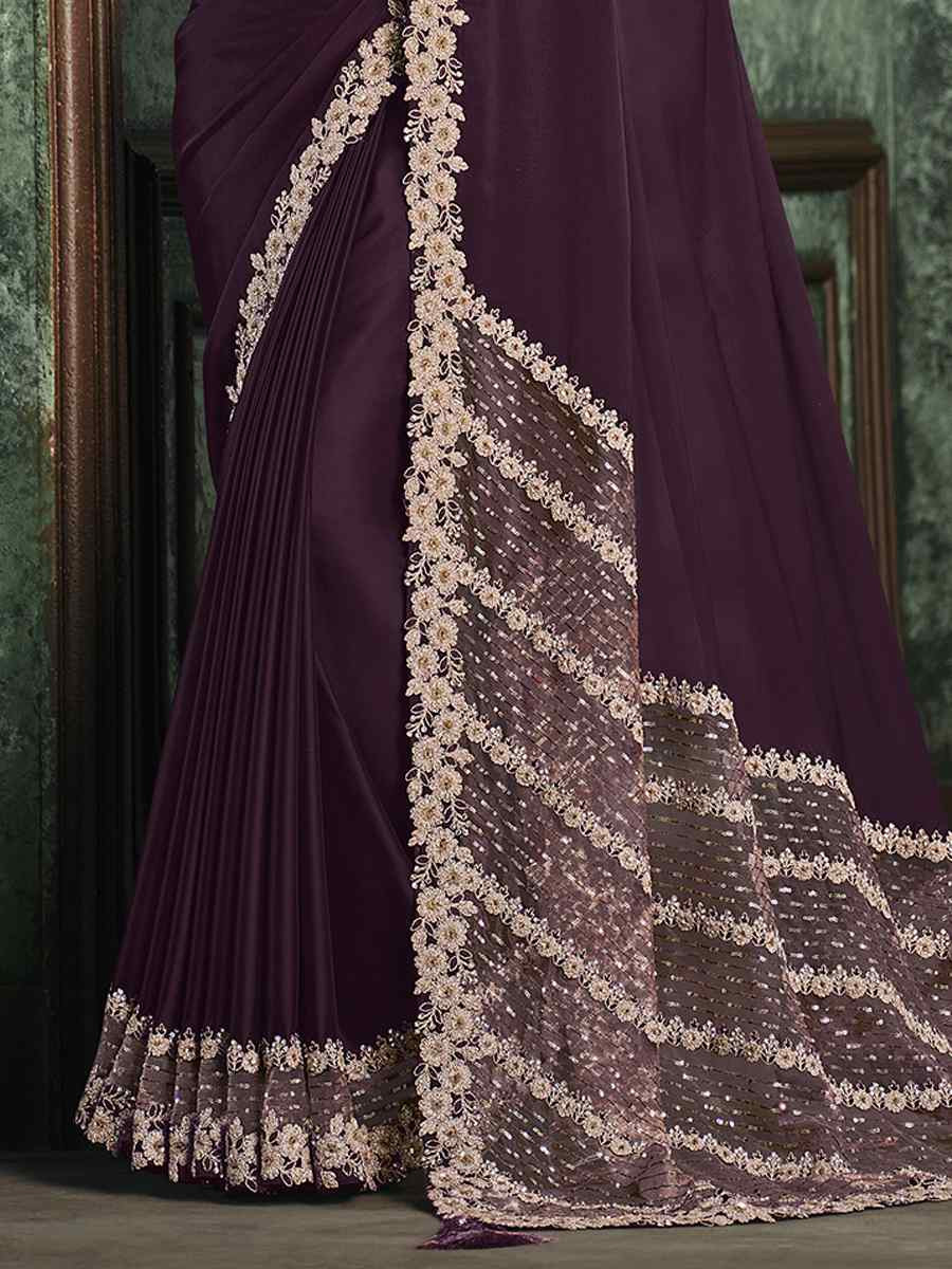 Deep Purple Silk Georgette Embroidered Reception Wedding Heavy Border Saree