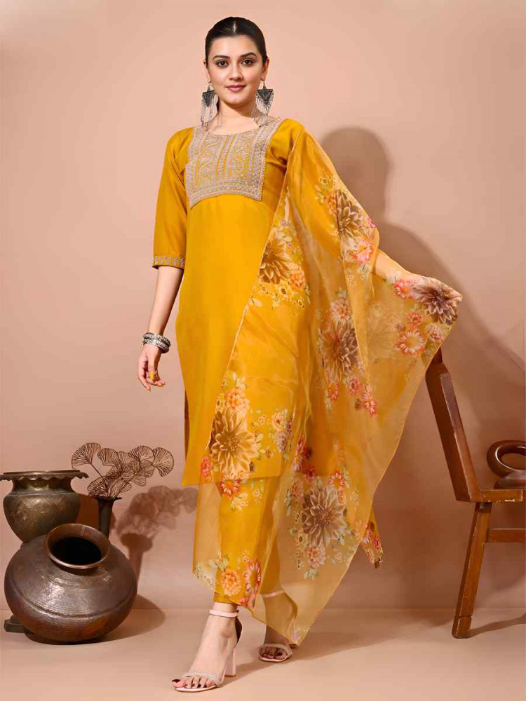 Deep Yellow Taffeta Silk Embroidered Festival Casual Pant Ready Salwar Kameez