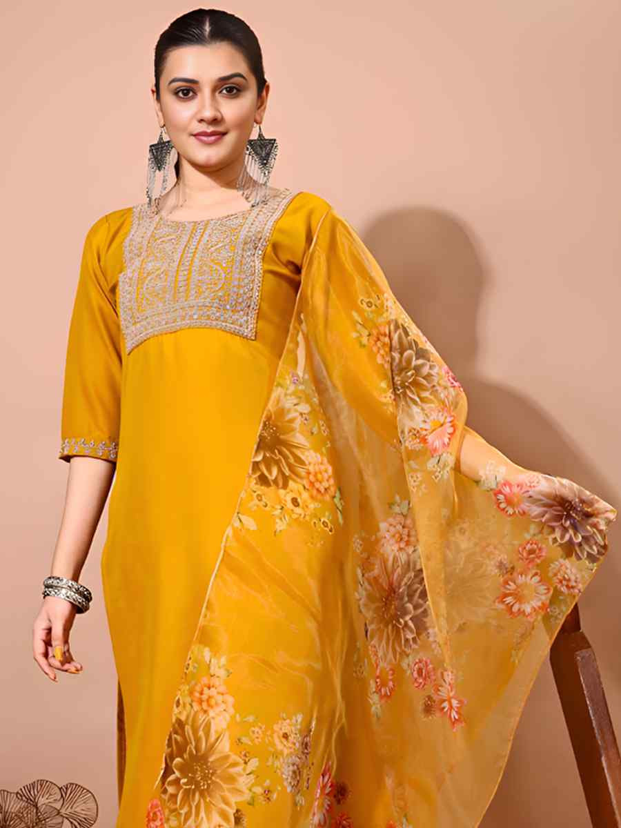 Deep Yellow Taffeta Silk Embroidered Festival Casual Pant Ready Salwar Kameez