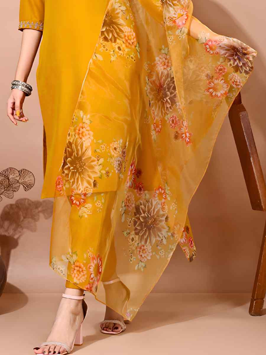 Deep Yellow Taffeta Silk Embroidered Festival Casual Pant Ready Salwar Kameez