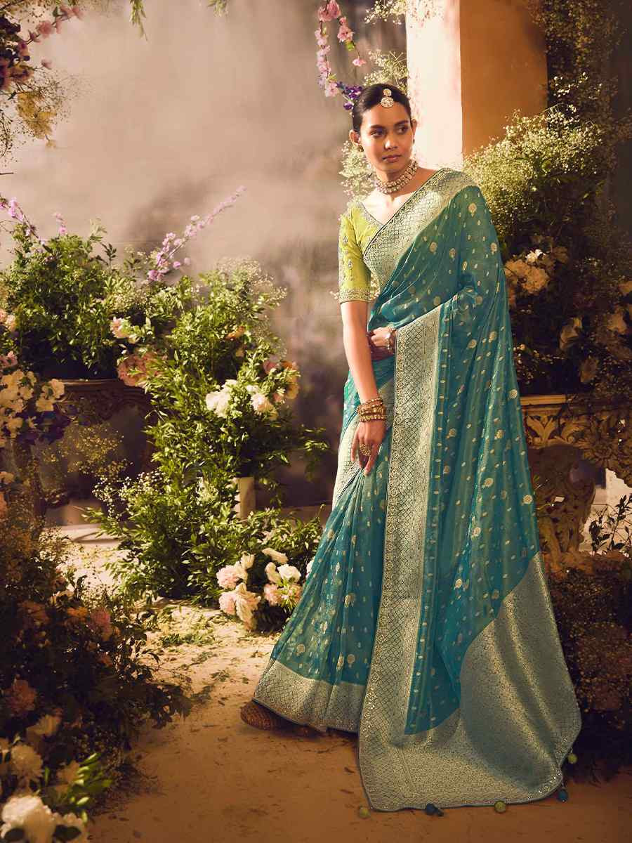 Dull Green Tissue Silk Embroidered Festival Wedding Heavy Border Saree