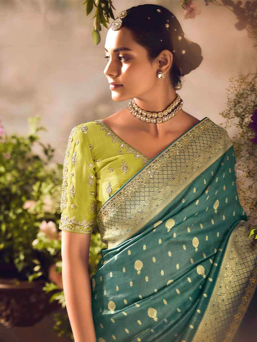 Dull Green Tissue Silk Embroidered Festival Wedding Heavy Border Saree