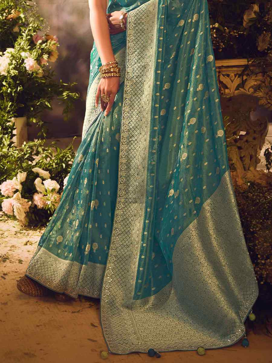 Dull Green Tissue Silk Embroidered Festival Wedding Heavy Border Saree