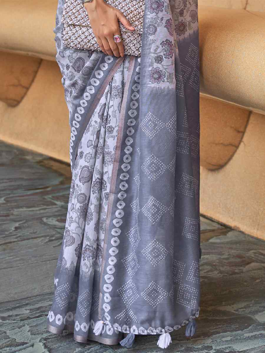 Dust Blue Cotton Printed Casual Festival Contemporary Saree